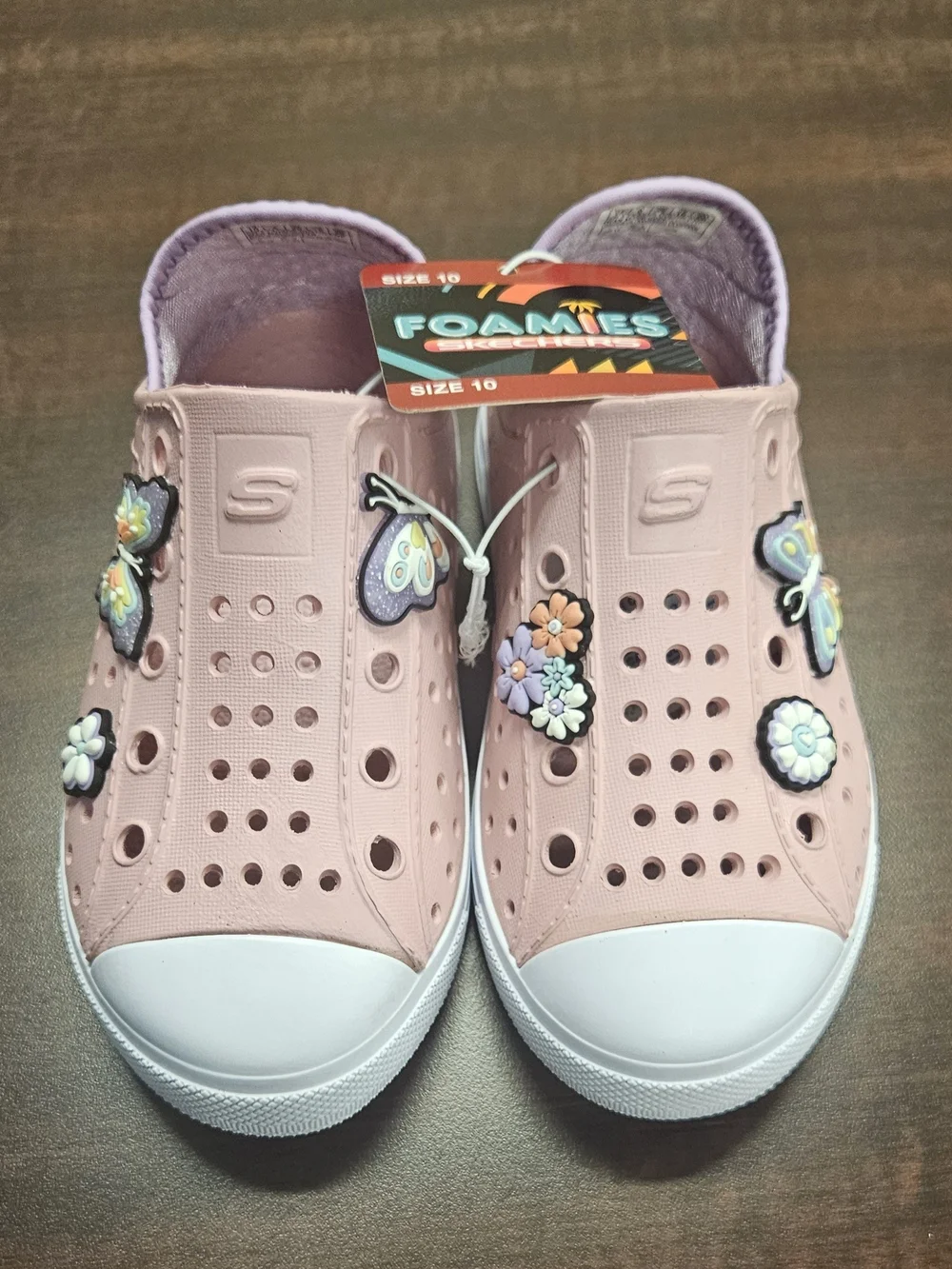Skechers Girls Light Pink Foamies Slip-On Clogs with Floral & Butterfly Charms